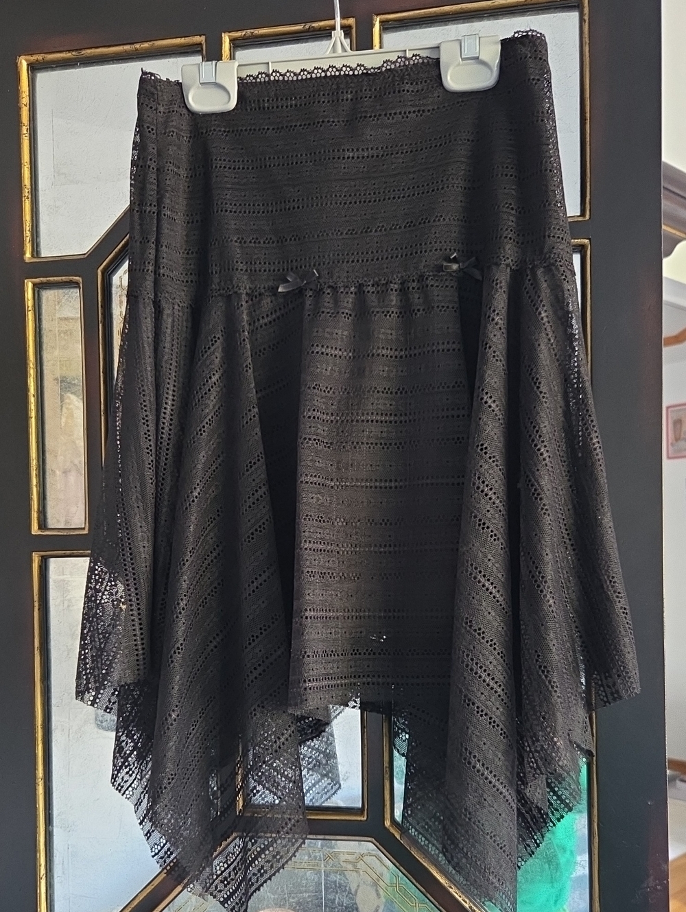 Sisley Vintage Y2K Whimsigoth Black Asymmetrical Lace Handkerchief Hem Skirt